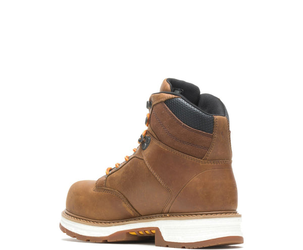 back angled view of mens tan work boot with white midsole
