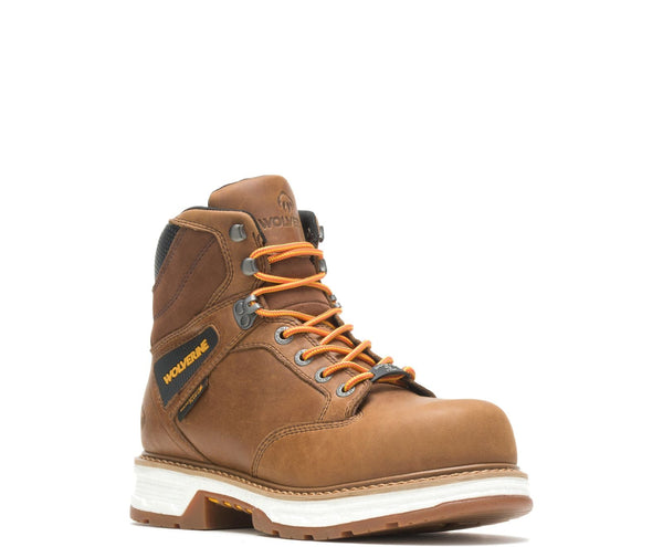 side angled view of mens wolverine tan work boot with yellow laces and white midsole
