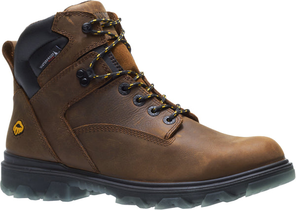 Brown Boots with Black soles, eyelets and laces with gold right front corner view