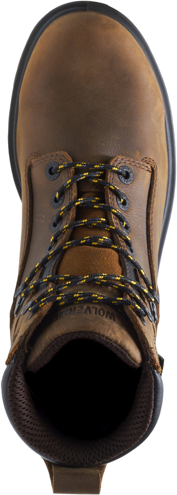 Brown Boots with Black soles, eyelets and laces with gold top view