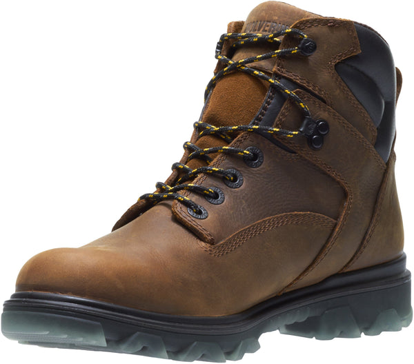 Brown Boots with Black soles, eyelets and laces with gold front left corner view