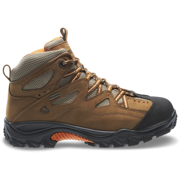 Steel Toe Brown Wolverine Boots with black sole and brown laces side view