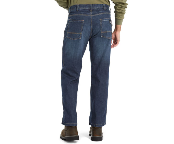 man in dark green shirt waring jeans rear view