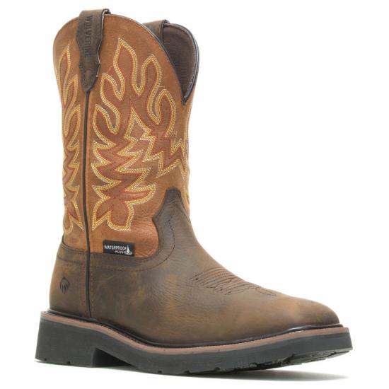 front and side of men's pull on western work boot with distressed brown vamp and orange embroidered shaft