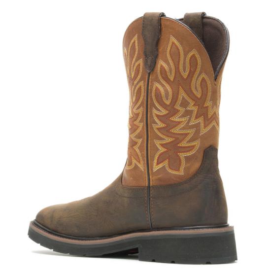 back and side of men's pull on western work boot with distressed brown vamp and orange embroidered shaft