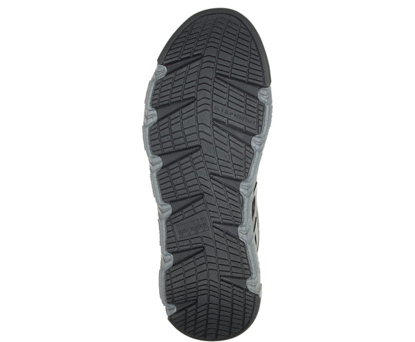 black and grey sole and tread of athletic work shoe
