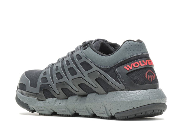 back view of three toned grey athletic mesh vented work shoe with Wolverine logo on back