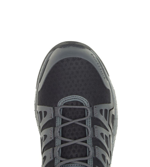 detailed view toe cap of three toned grey athletic mesh vented work shoe with grey laces