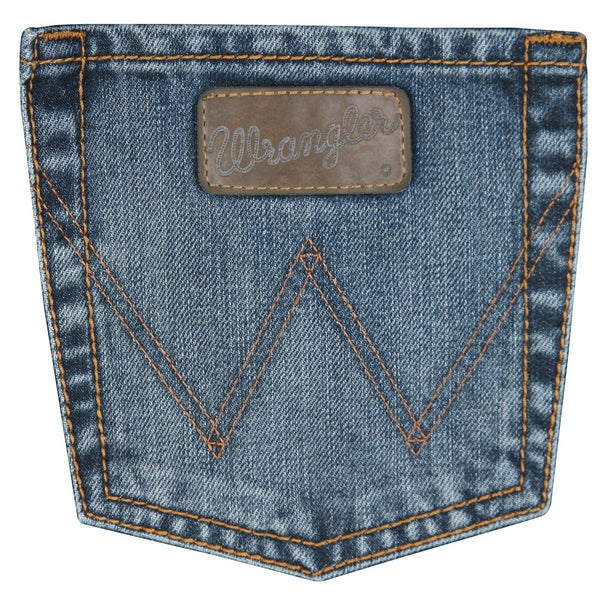 wrangler patch and orange embroidery on light blue jean pocket
